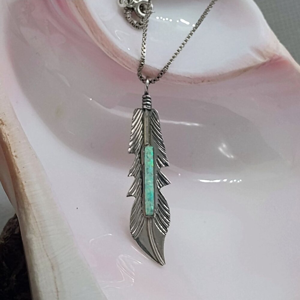 Native Zuni Artist Barney Sterling Silver Opal Inlay Feather Pendant Necklace